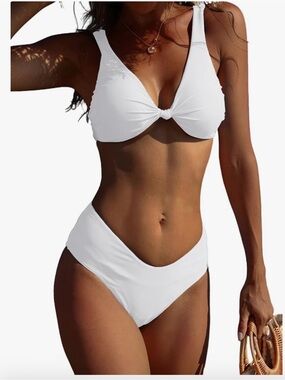 White Knot Front V-Neck Bikini Set. NWOT